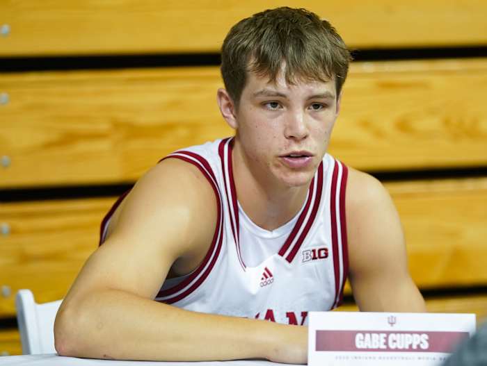 Indiana freshman guard Gabe Cupps talks to the media during the Indiana University basketball media day at Simon Skjodt Assembly Hall on Wednesday, Sept. 20, 2023.